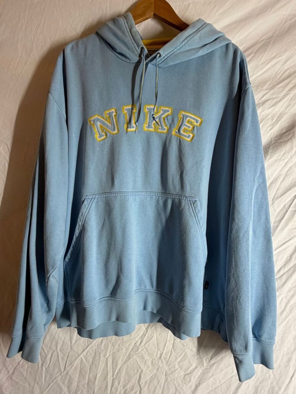 Vintage Nike Men's Embroidered Big Spellout XL Light Blue Yellow Hoodie